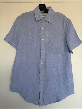 Thom Aaron 100% European Linen Short Sleeve Button Down Blue Shirt Small NWT
